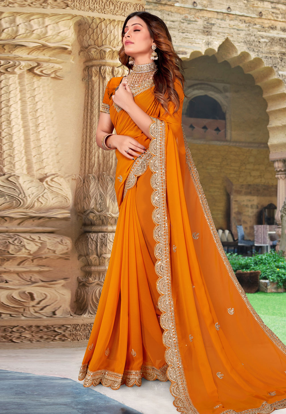 Orange Georgette Saree With Blouse 266099