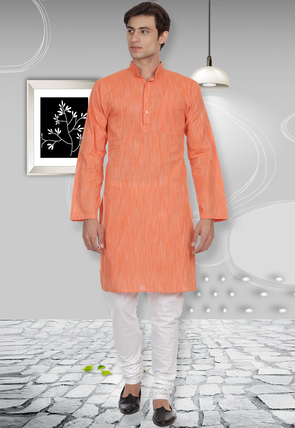 Orange Cotton Readymade Kurta Pajama 175896