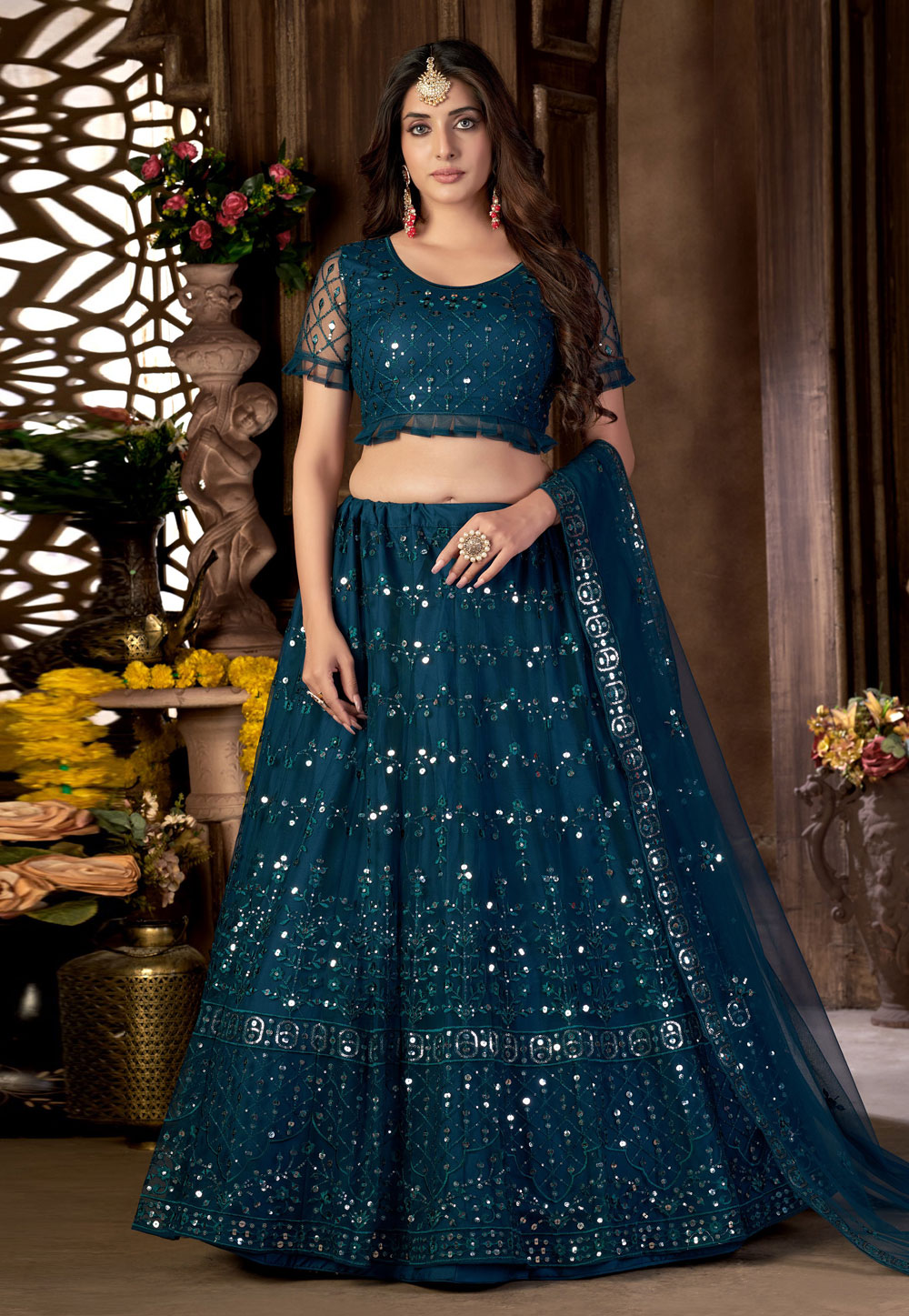 Teal Net Circular Lehenga Choli 258076