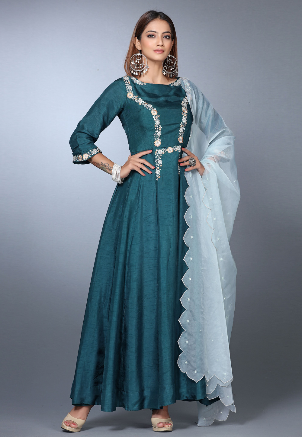 Teal Silk Long Anarkali Salwar Suit 271144