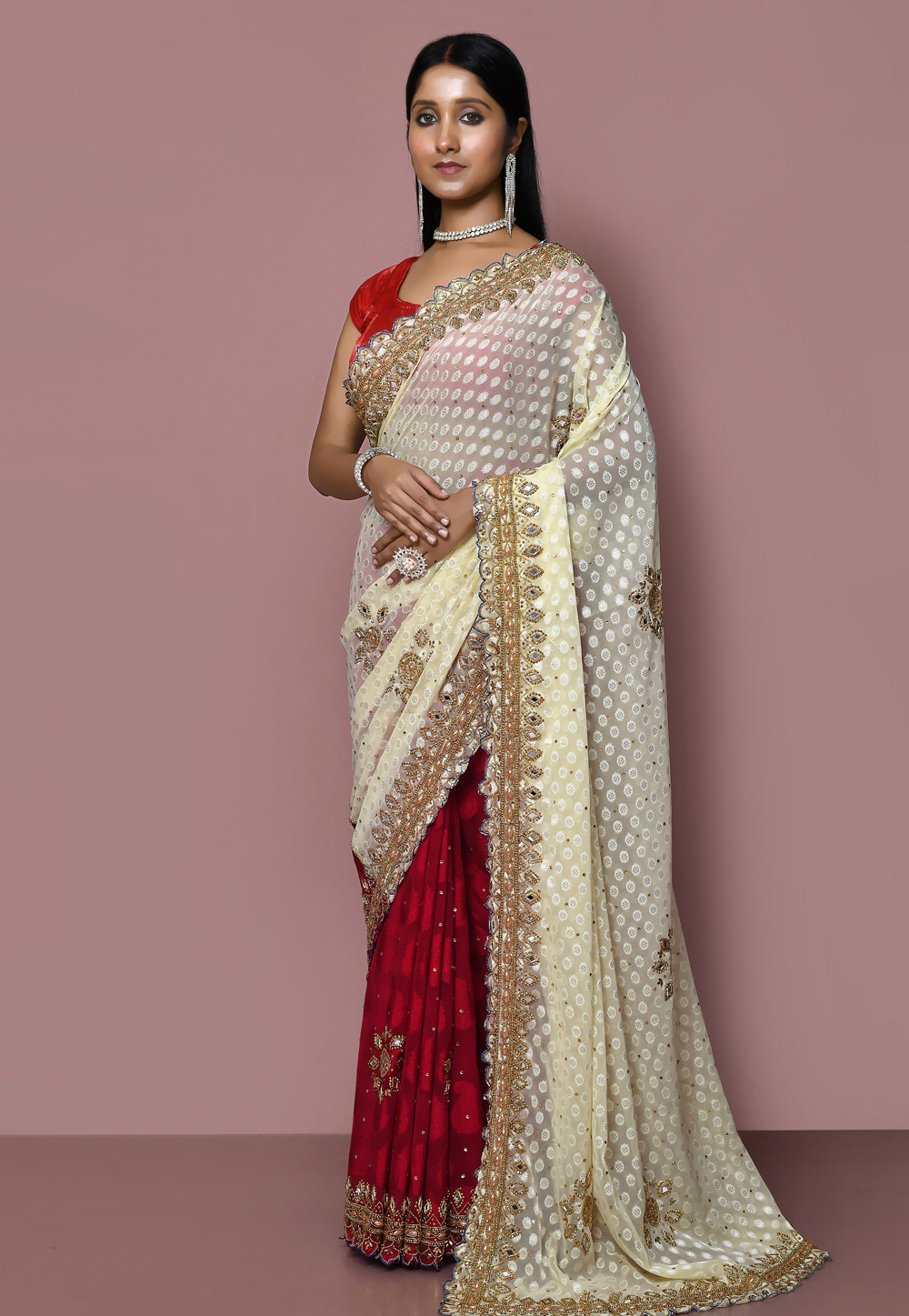 Cream Jacquard Half N Half Saree 267799