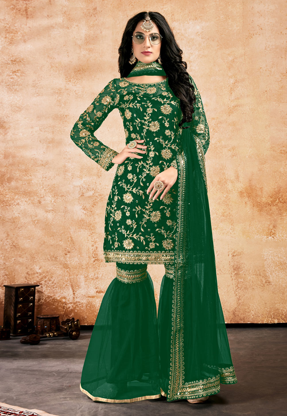 Green Net Sharara Suit 235938