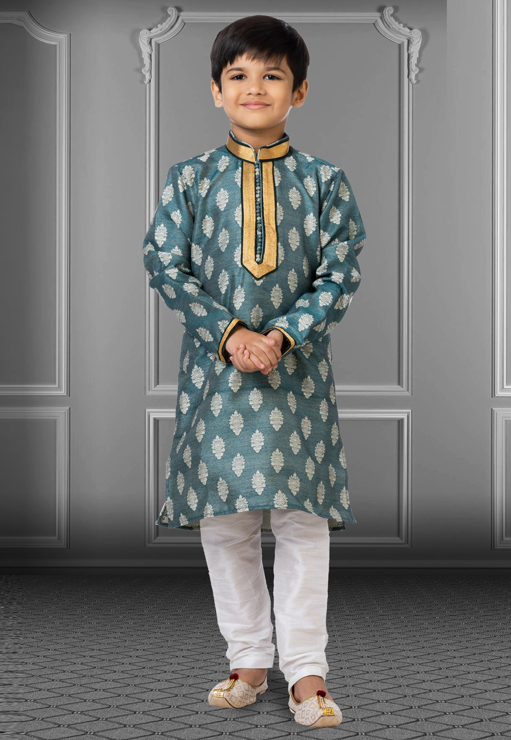 Teal Jacquard Silk Readymade Kids Kurta Pajama 250842