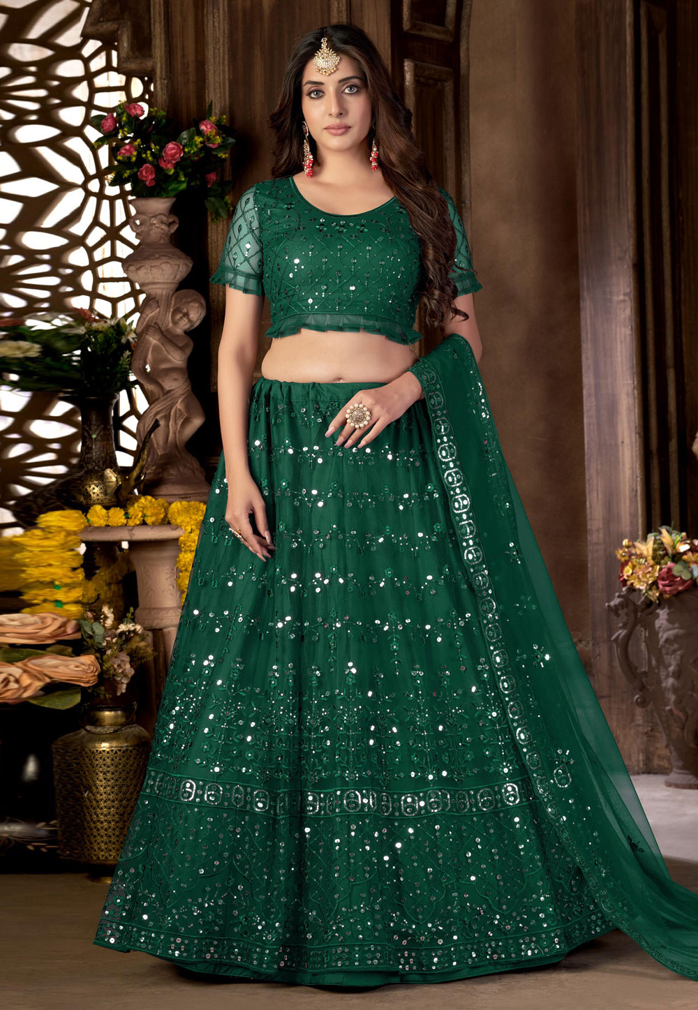 Green Net Circular Lehenga Choli 258077