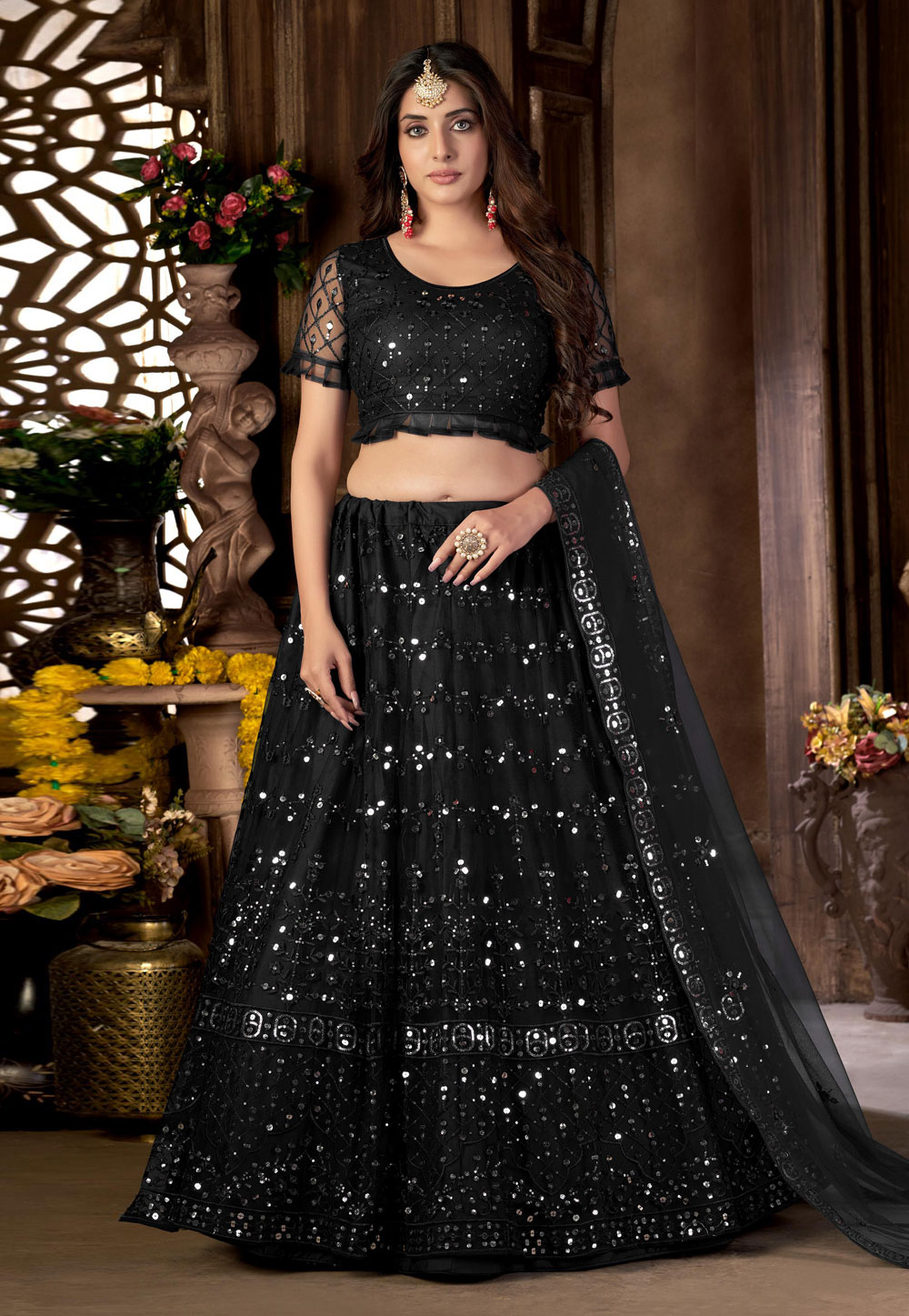 Black Net Circular Lehenga Choli 258079