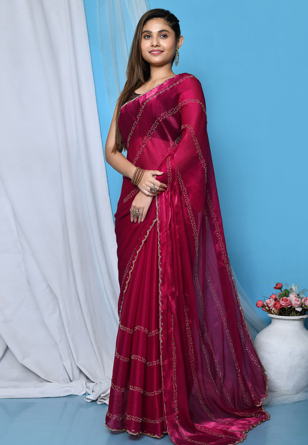 Magenta Chiffon Saree With Blouse 267802