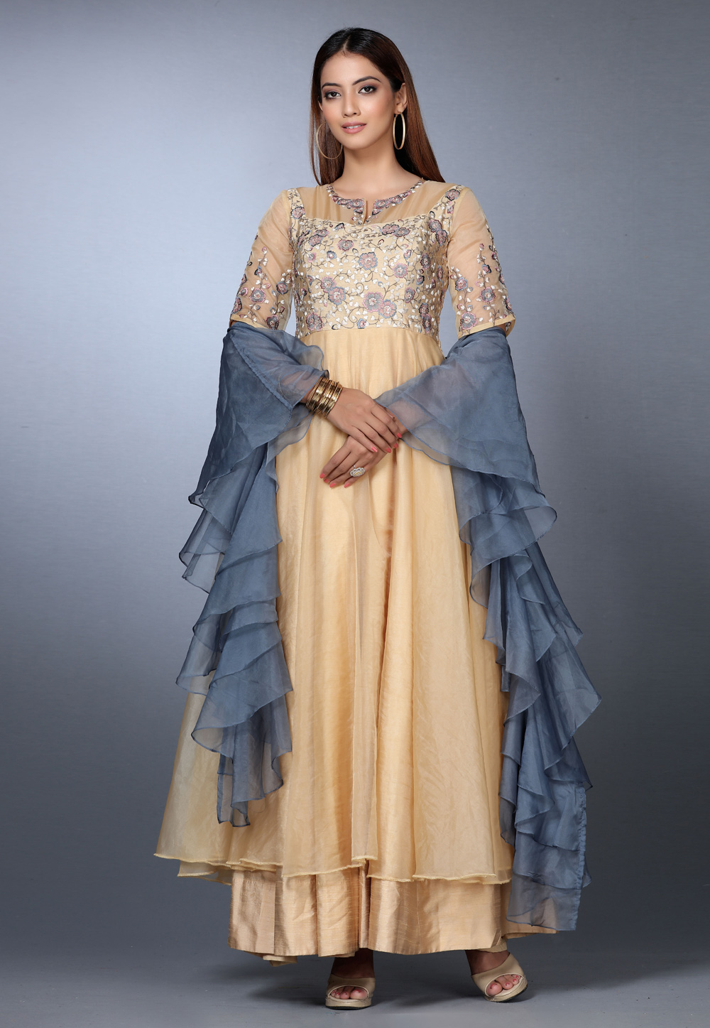 Beige Raw Silk Layered Anarkali Suit 271149