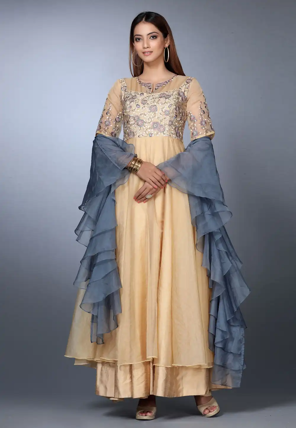 Beige Raw Silk Layered Anarkali Suit 271149