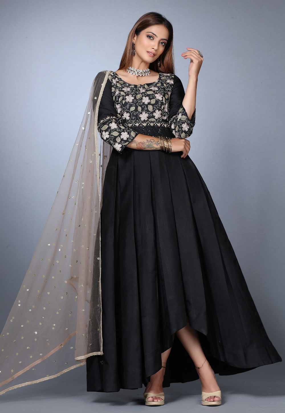 Black Muslin Asymmetrical Anarkali Suit 271150