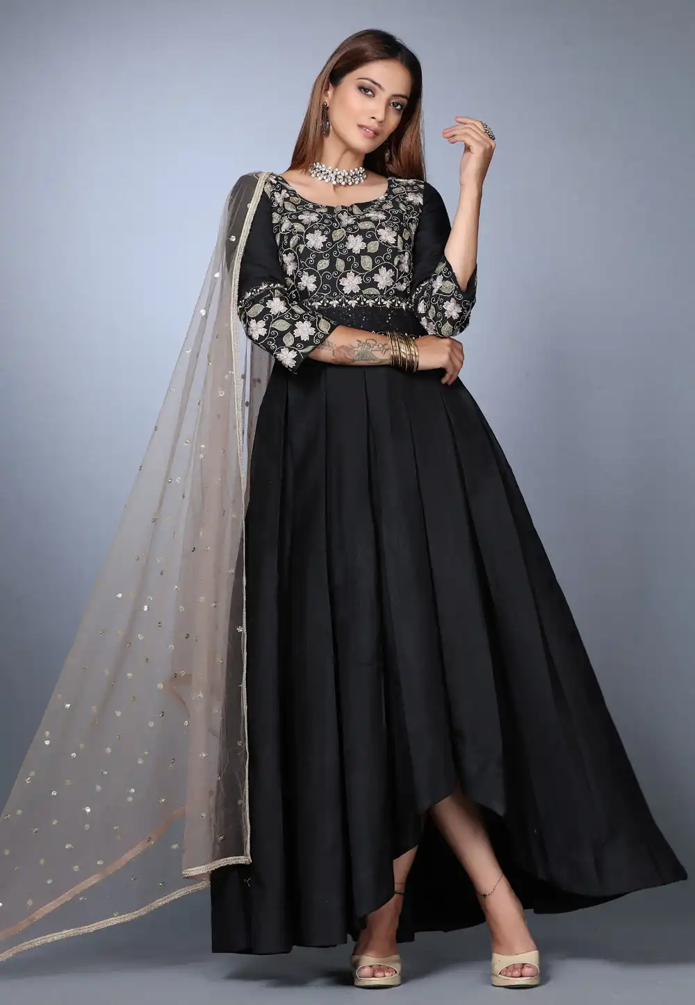 Black Muslin Asymmetrical Anarkali Suit 271150