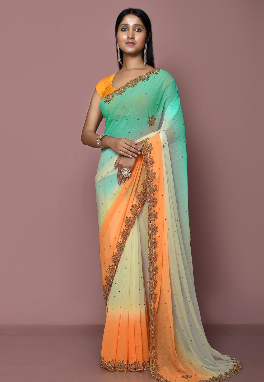 Sky Blue Georgette Half N Half Saree 267808