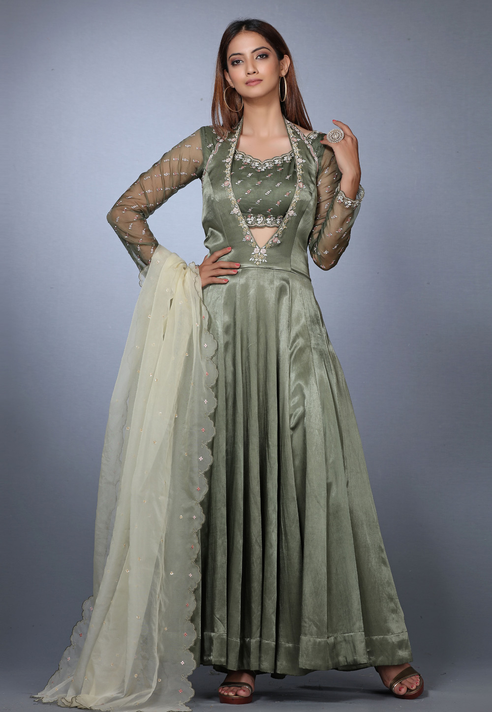 Camo Green Silk Designer Anarkali Suit 271158
