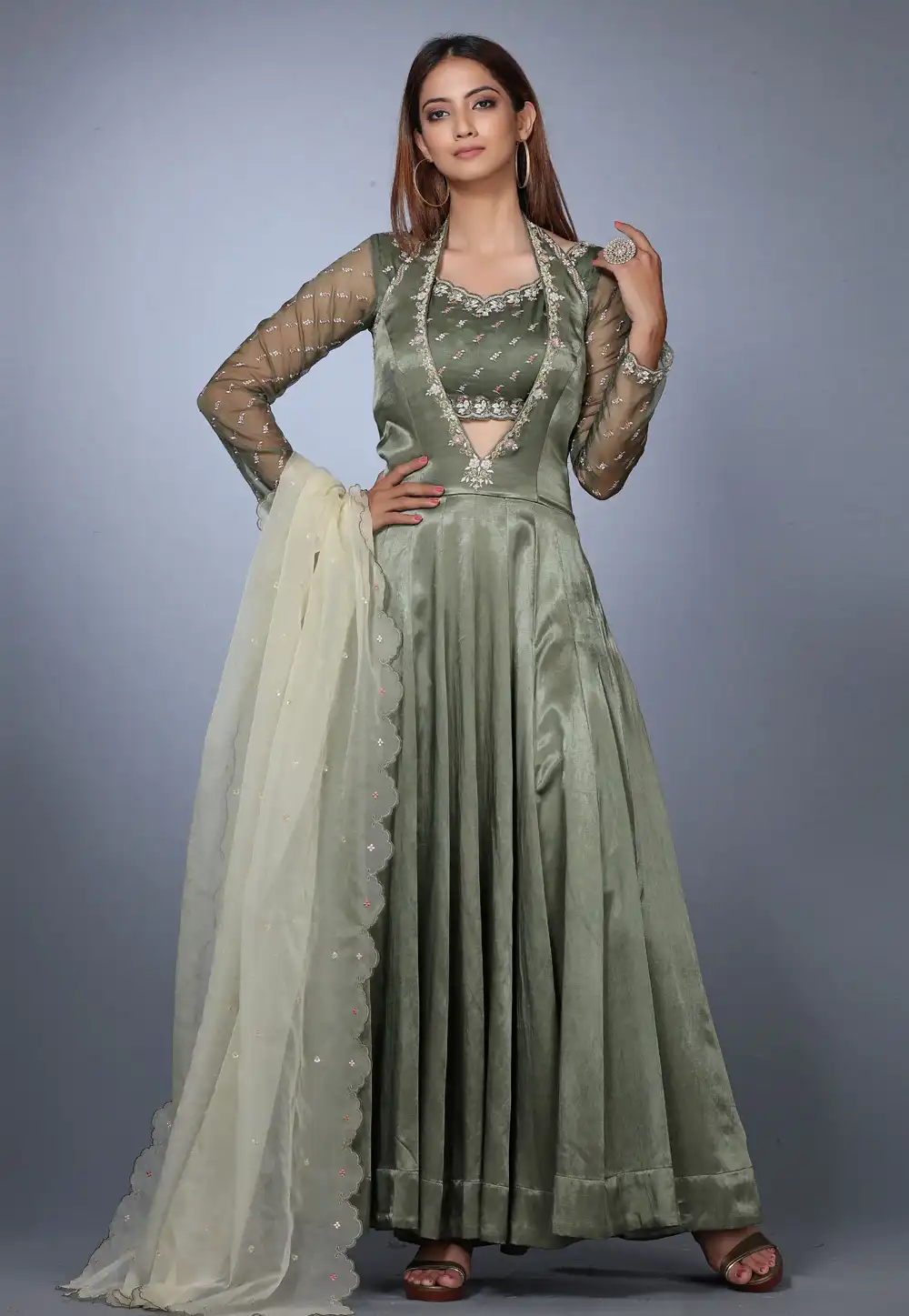 Camo Green Silk Designer Anarkali Suit 271158