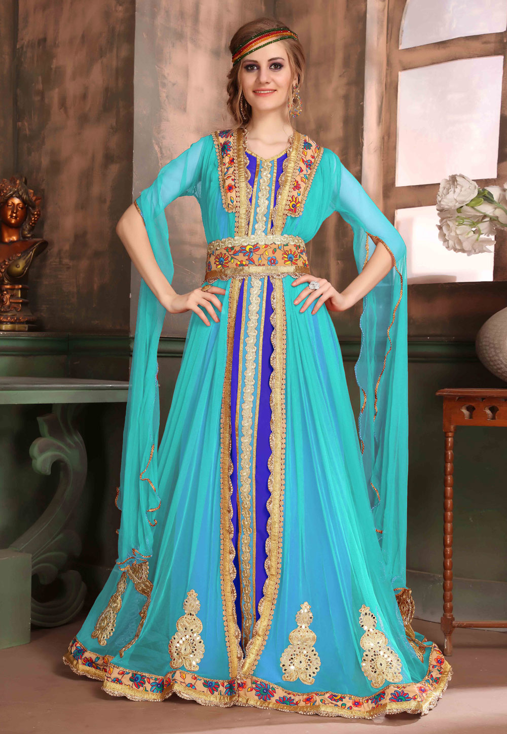 Aqua Blue Crepe Embroidered Readymade Kaftan 194989