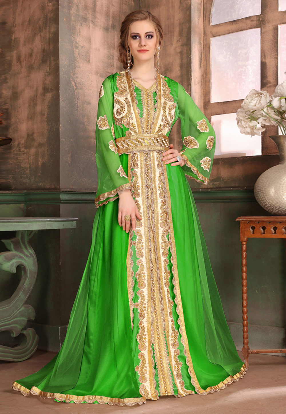 Green Satin Embroidered Readymade Kaftan 194992