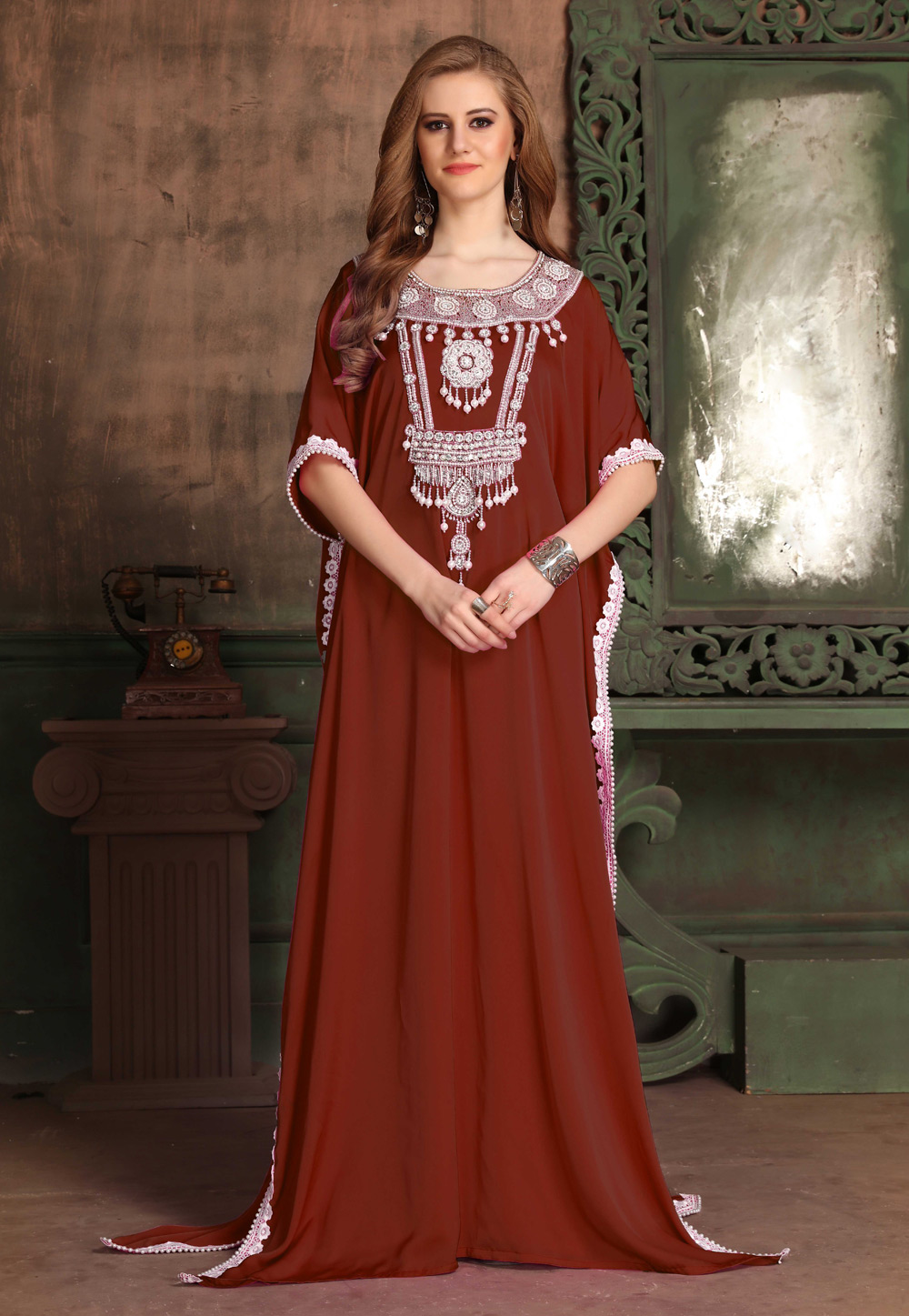 Brown Satin Embroidered Readymade Farasha 195000