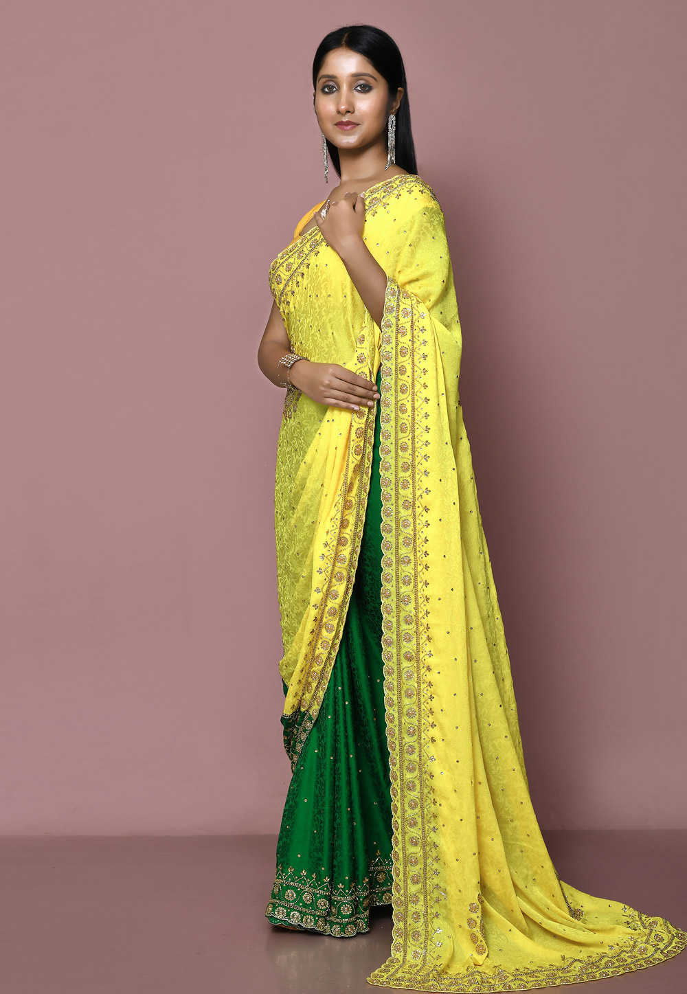 Yellow Jacquard Half N Half Saree 267815