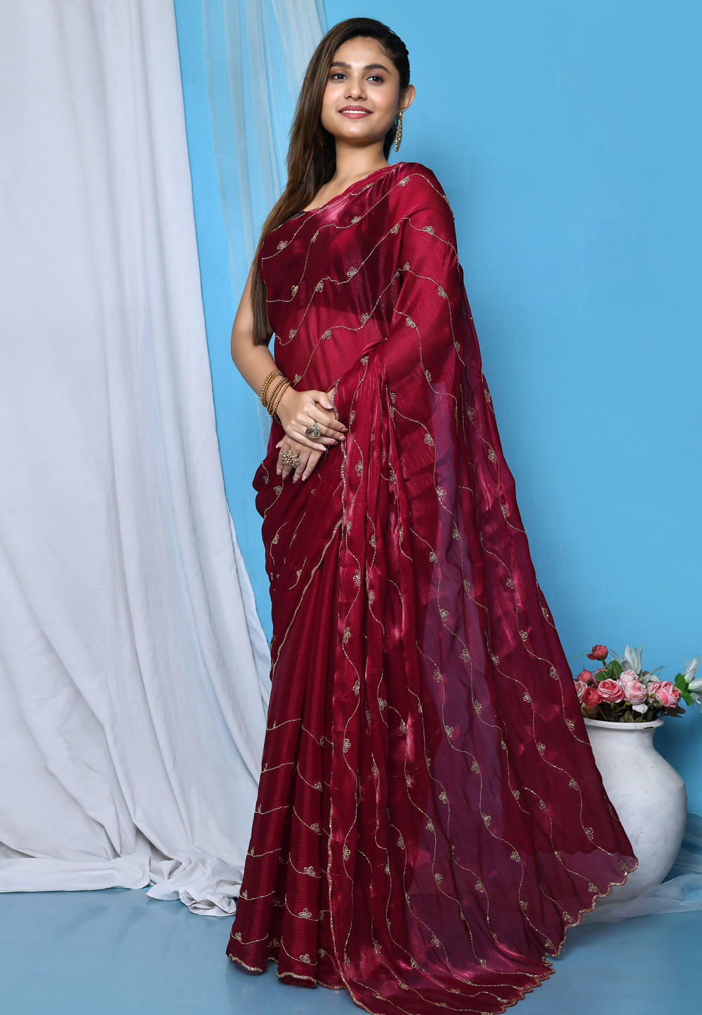 Maroon Chiffon Saree With Blouse 267817