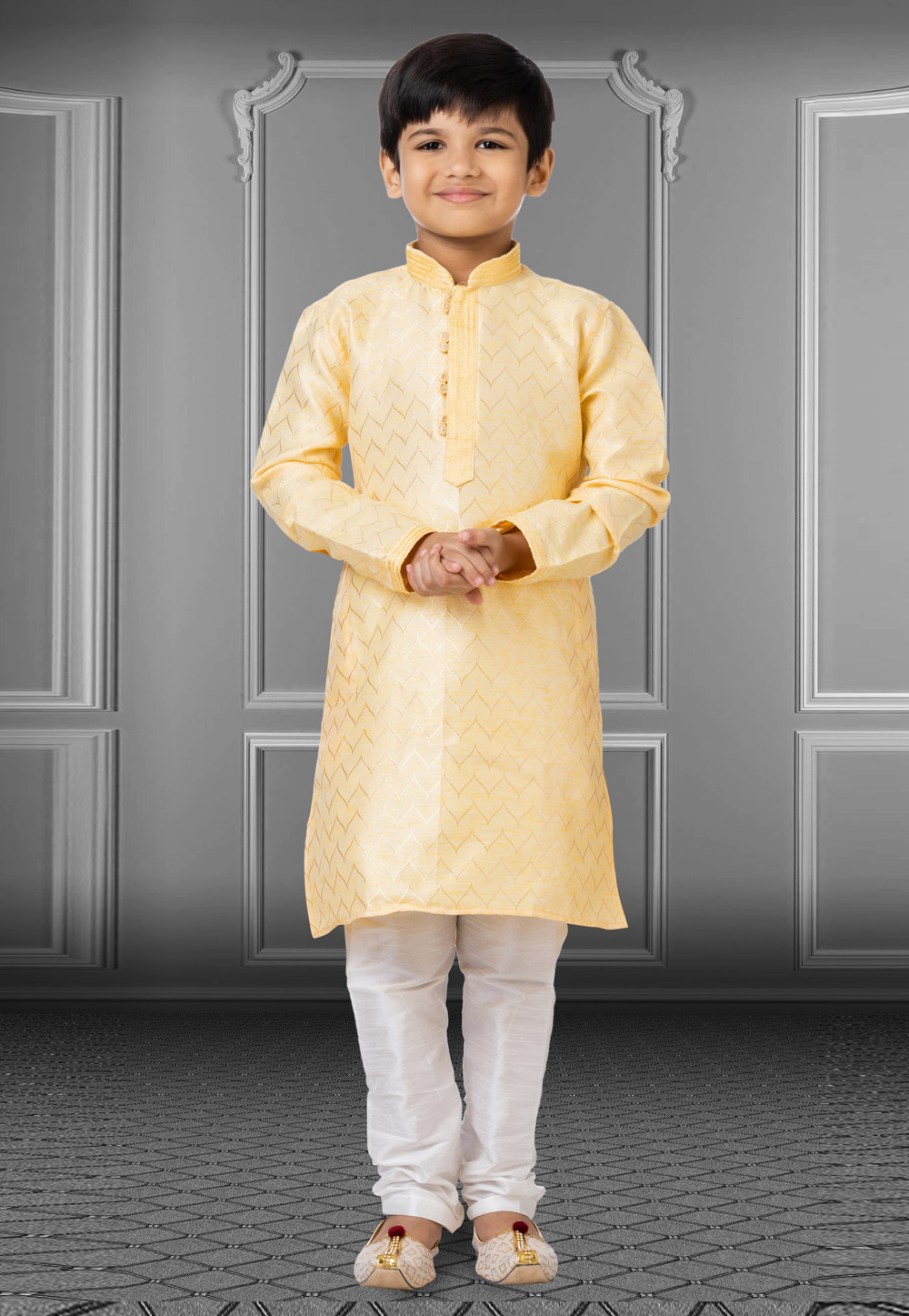 Light Yellow Linen Readymade Kids Kurta Pajama 250844