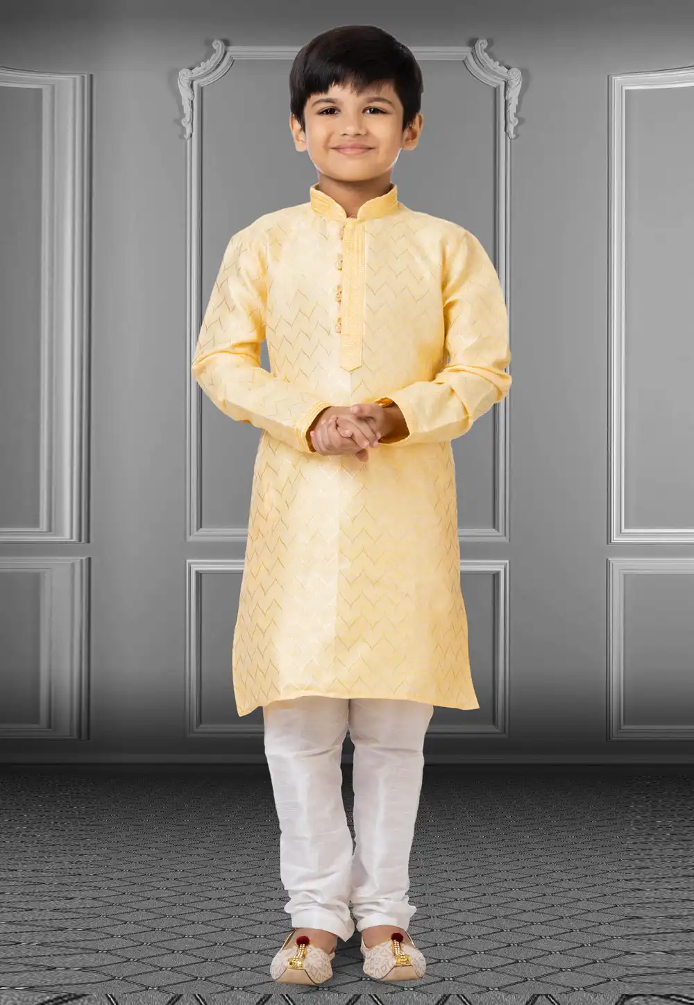 Light Yellow Linen Readymade Kids Kurta Pajama 250844