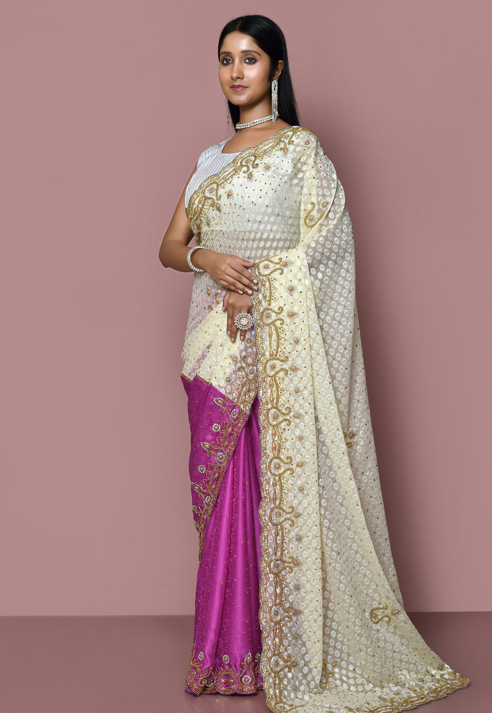 Off White Jacquard Half N Half Saree 267821