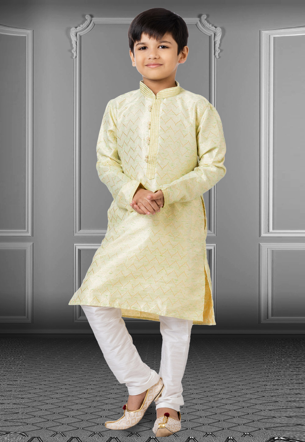Light Green Linen Readymade Kids Kurta Pajama 250845