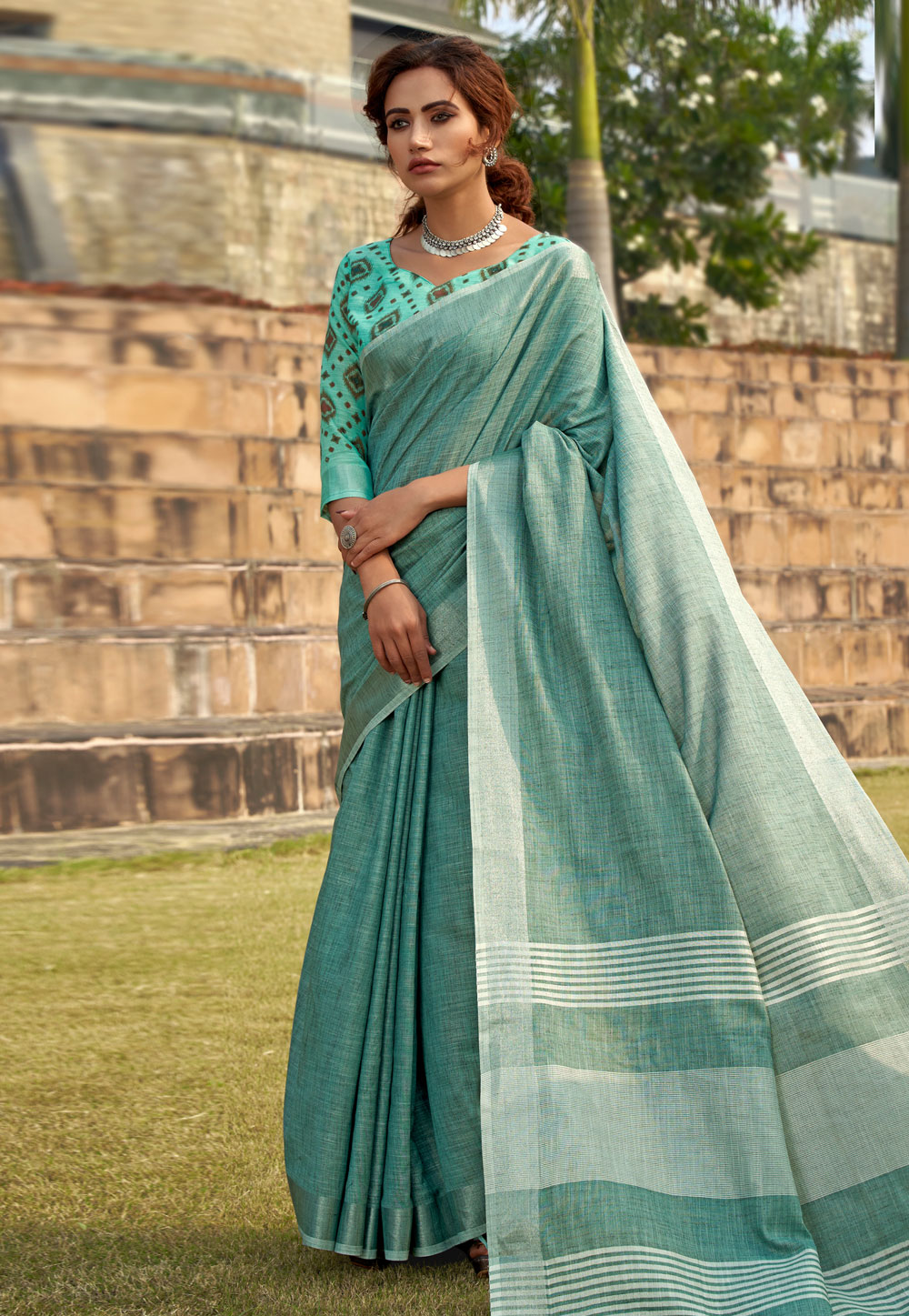 Sky Blue Linen Saree With Blouse 275561