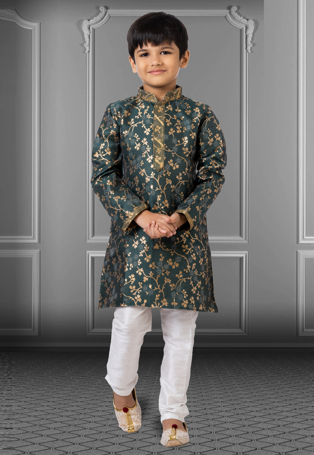 Teal Jacquard Silk Readymade Kids Kurta Pajama 250846