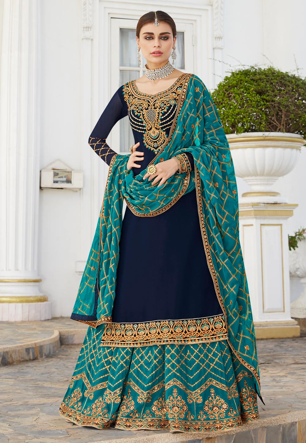 Navy Blue Georgette Indo Western Lehenga Choli 189717