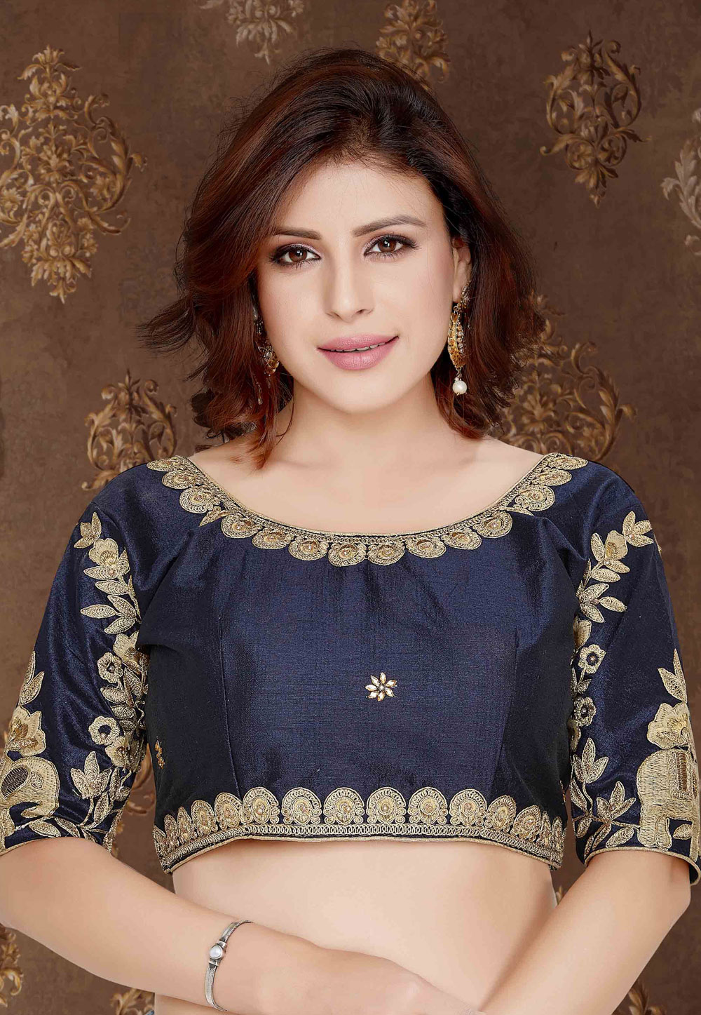 Navy Blue Silk Embroidered Readymade Blouse 179812