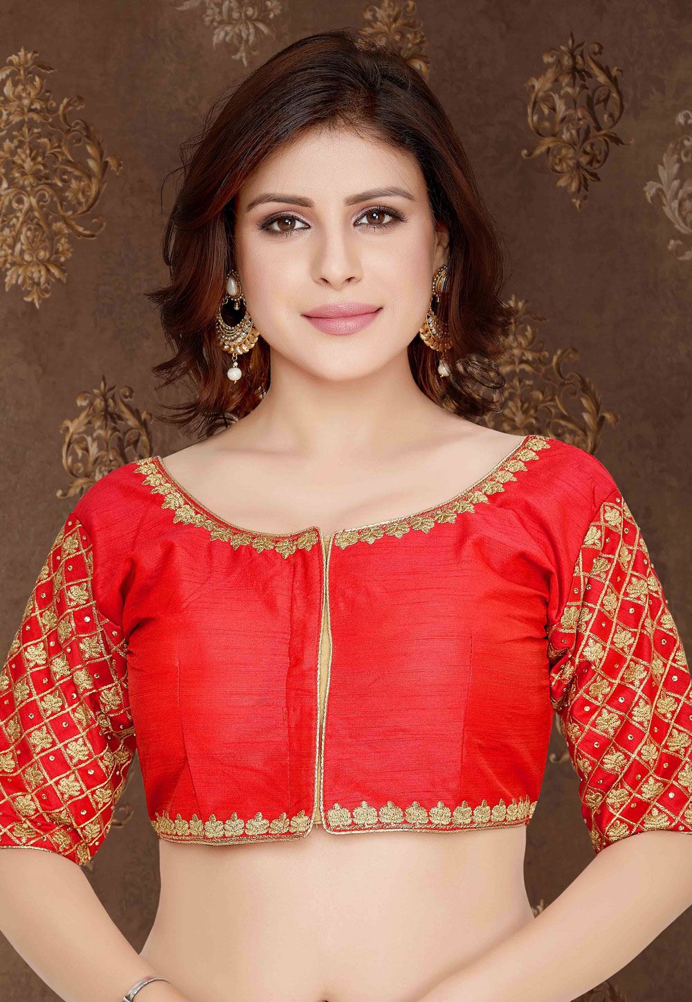 Red Silk Embroidered Readymade Blouse 179821