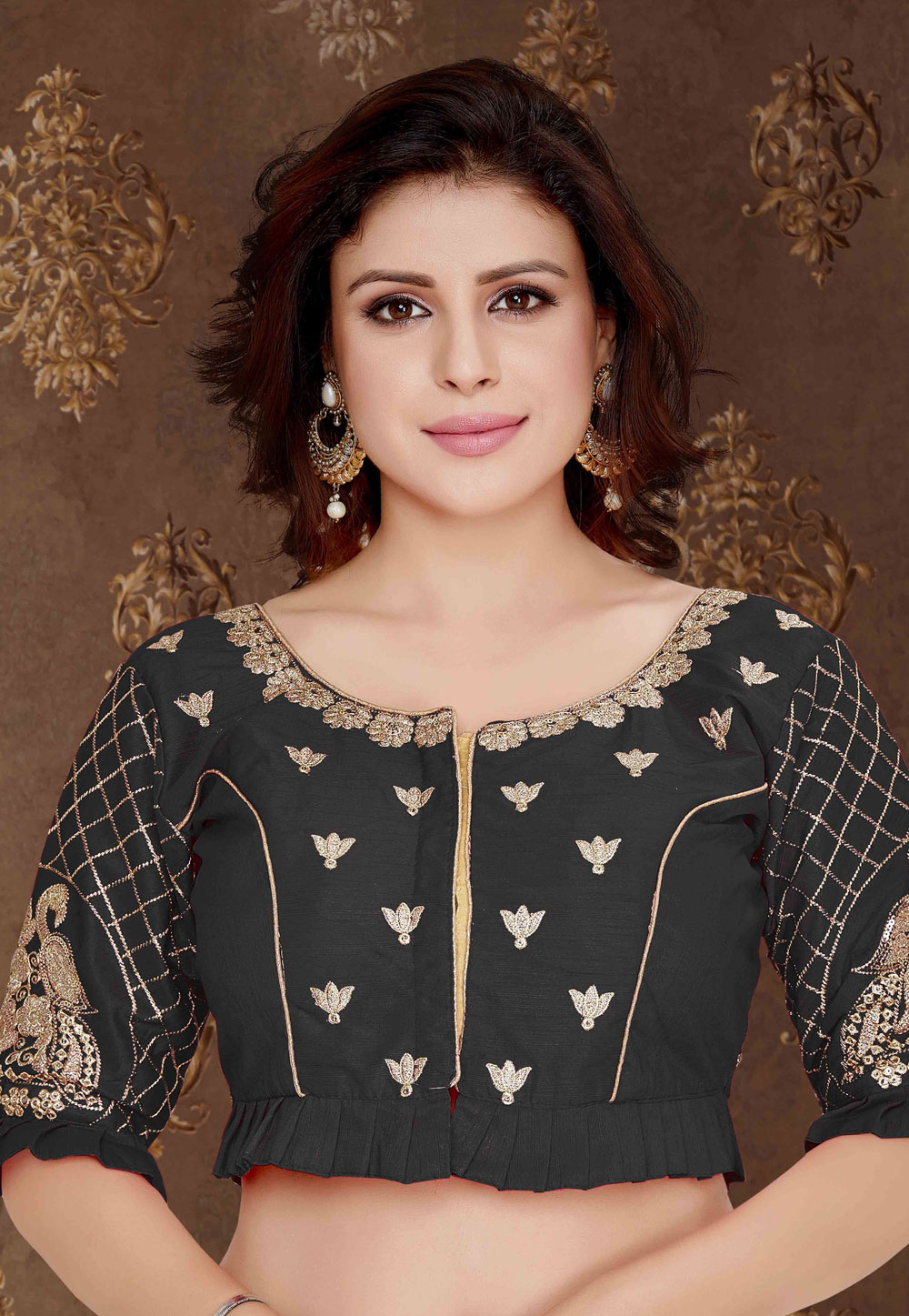 Black Silk Embroidered Readymade Blouse 179823