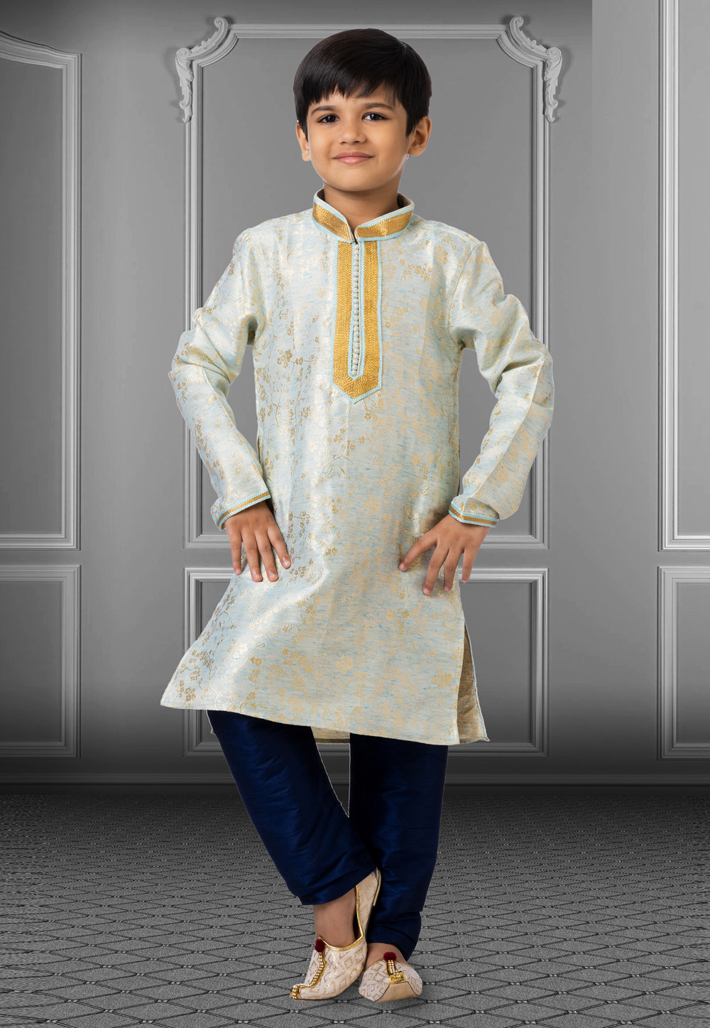 Sky Blue Linen Readymade Kids Kurta Pajama 250847