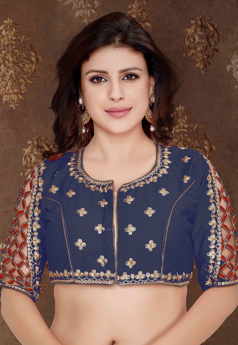 Navy Blue Silk Embroidered Readymade Blouse 179840
