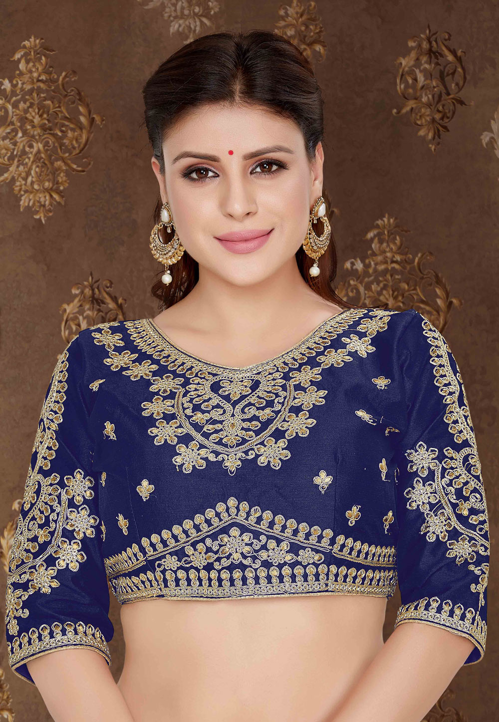 Navy Blue Satin Embroidered Readymade Blouse 179849