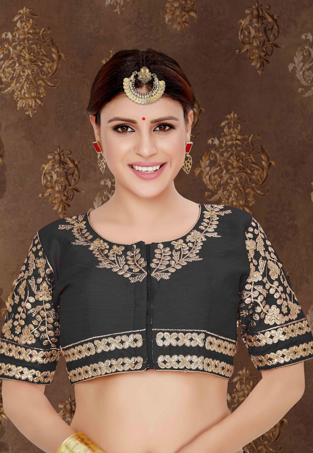 Black Silk Embroidered Readymade Blouse 179783