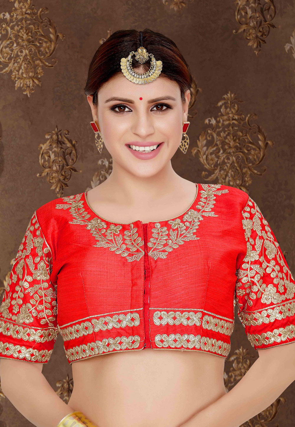 Red Silk Embroidered Readymade Blouse 179786