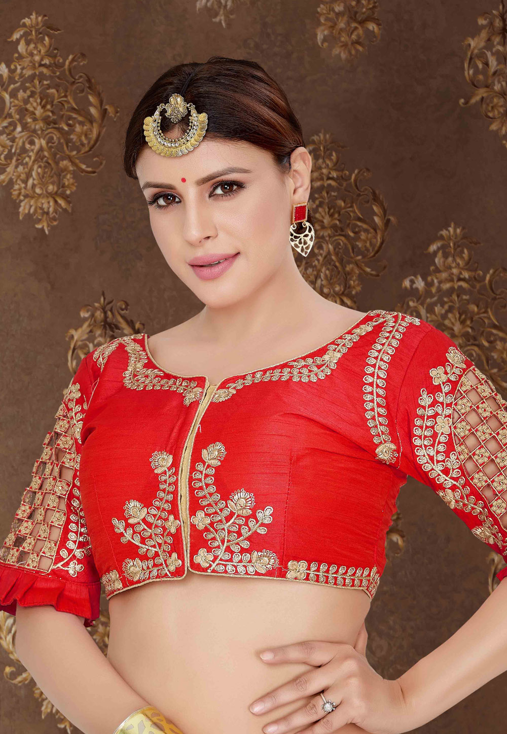 Red Silk Embroidered Readymade Blouse 179796
