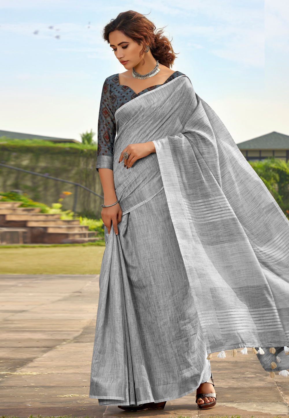 Grey Linen Saree With Blouse 275563