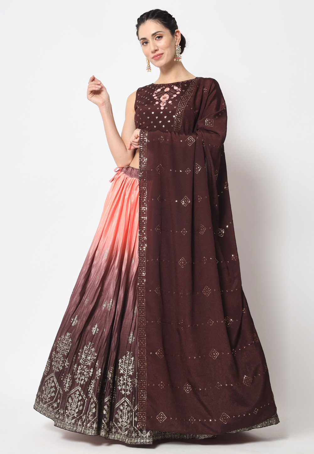 Brown Chinon Silk Circular Lehenga Choli 256837