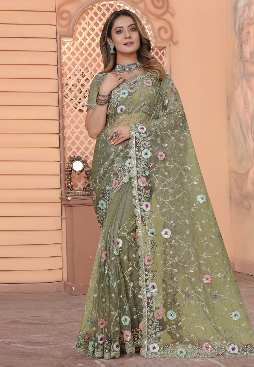 Light Green Net Saree With Blouse 267257