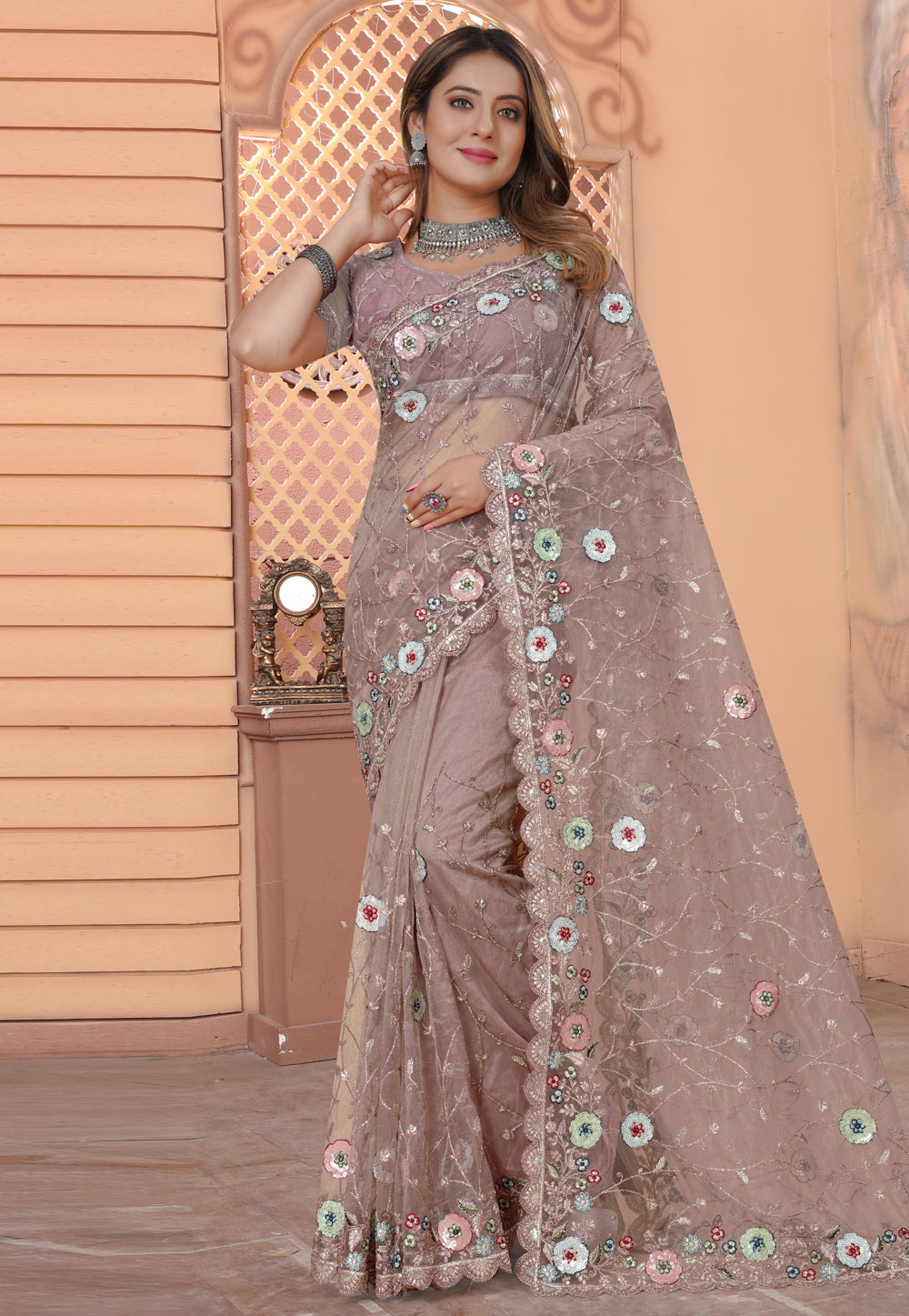 Pink Net Saree With Blouse 267258