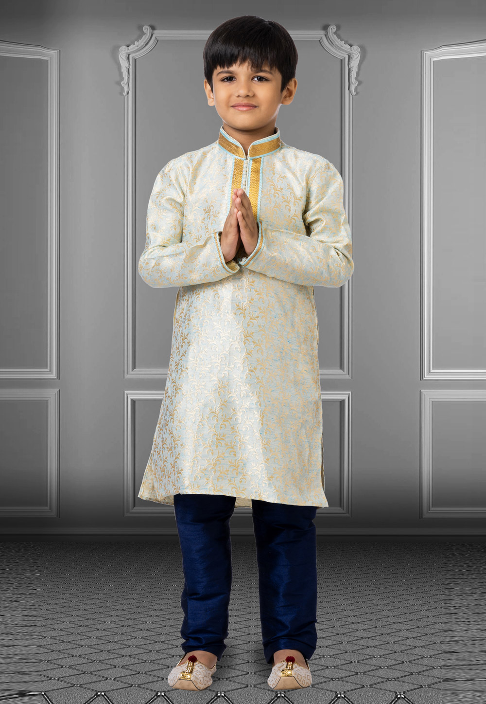 Sky Blue Linen Readymade Kids Kurta Pajama 250849