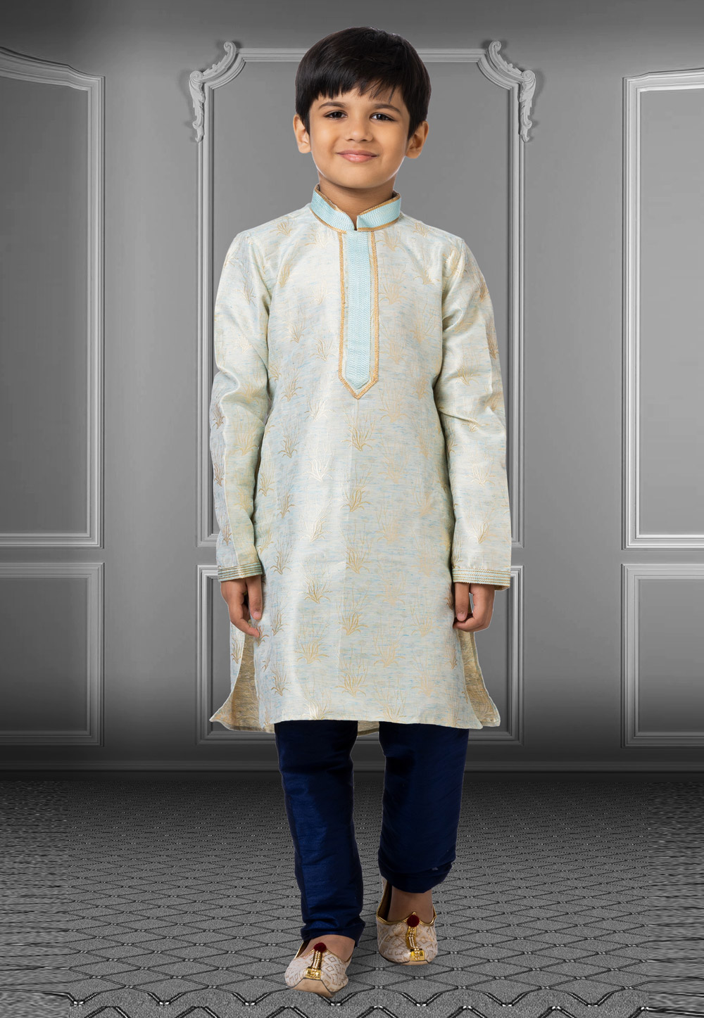 Sky Blue Linen Readymade Kids Kurta Pajama 250850