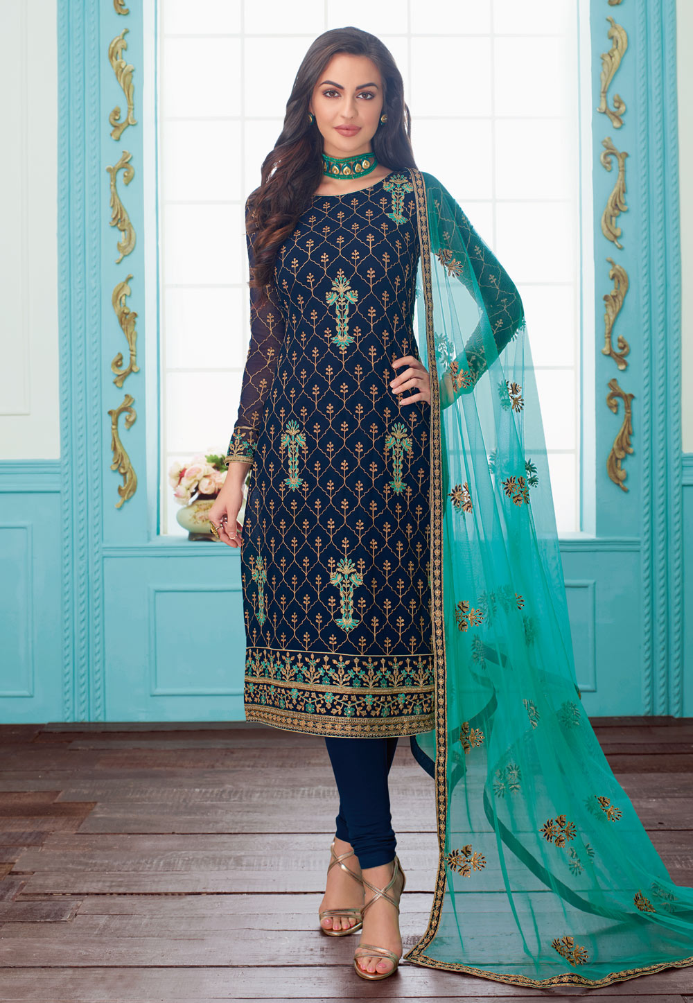 Navy Blue Georgette Churidar Suit 190823