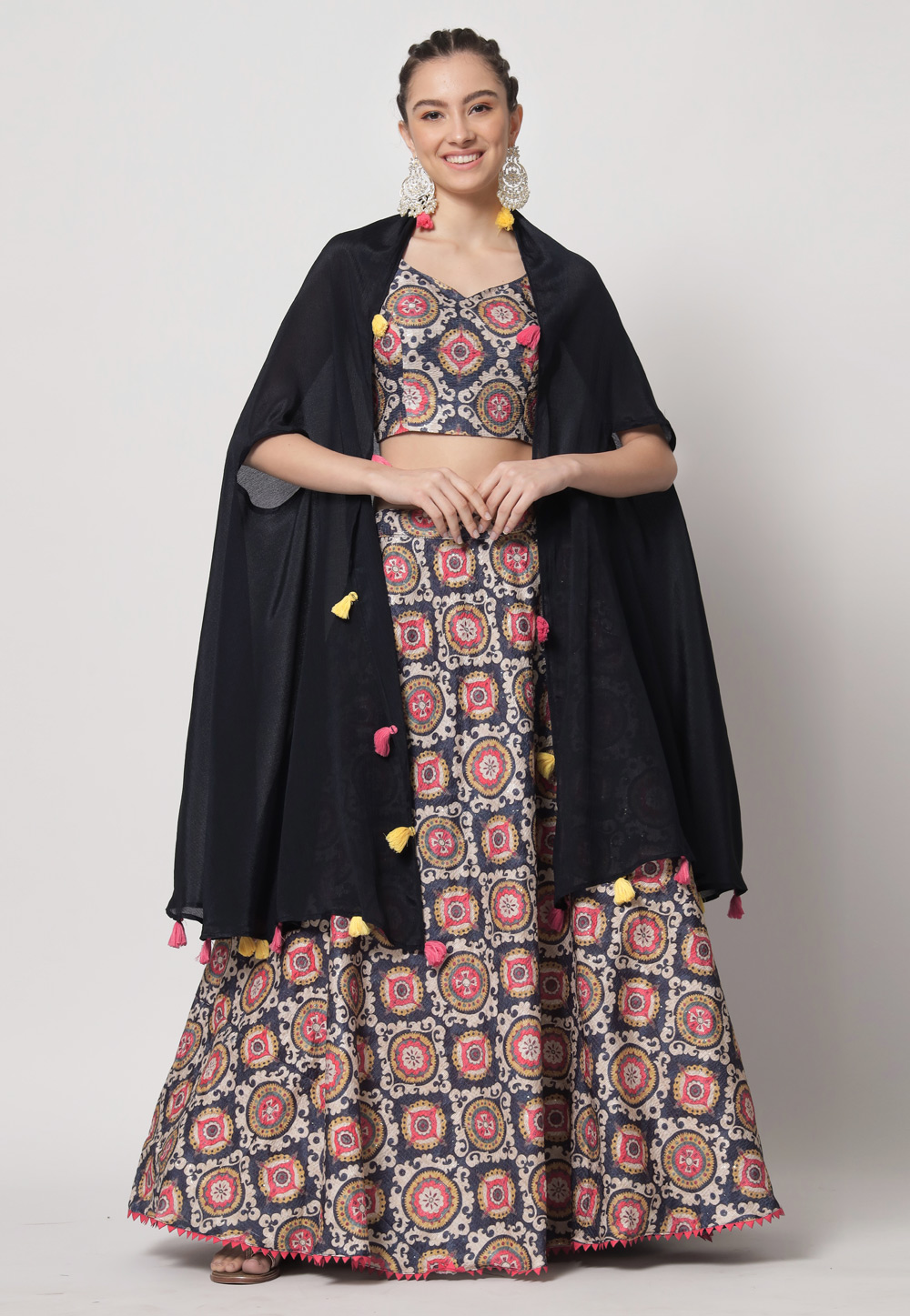 Navy Blue Chinon Silk A Line Lehenga Choli 263790