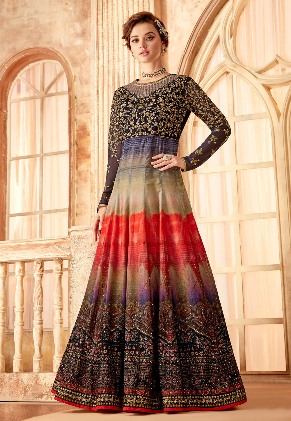 Navy Blue Velvet Embroidered Long Anarkali Suit 172585