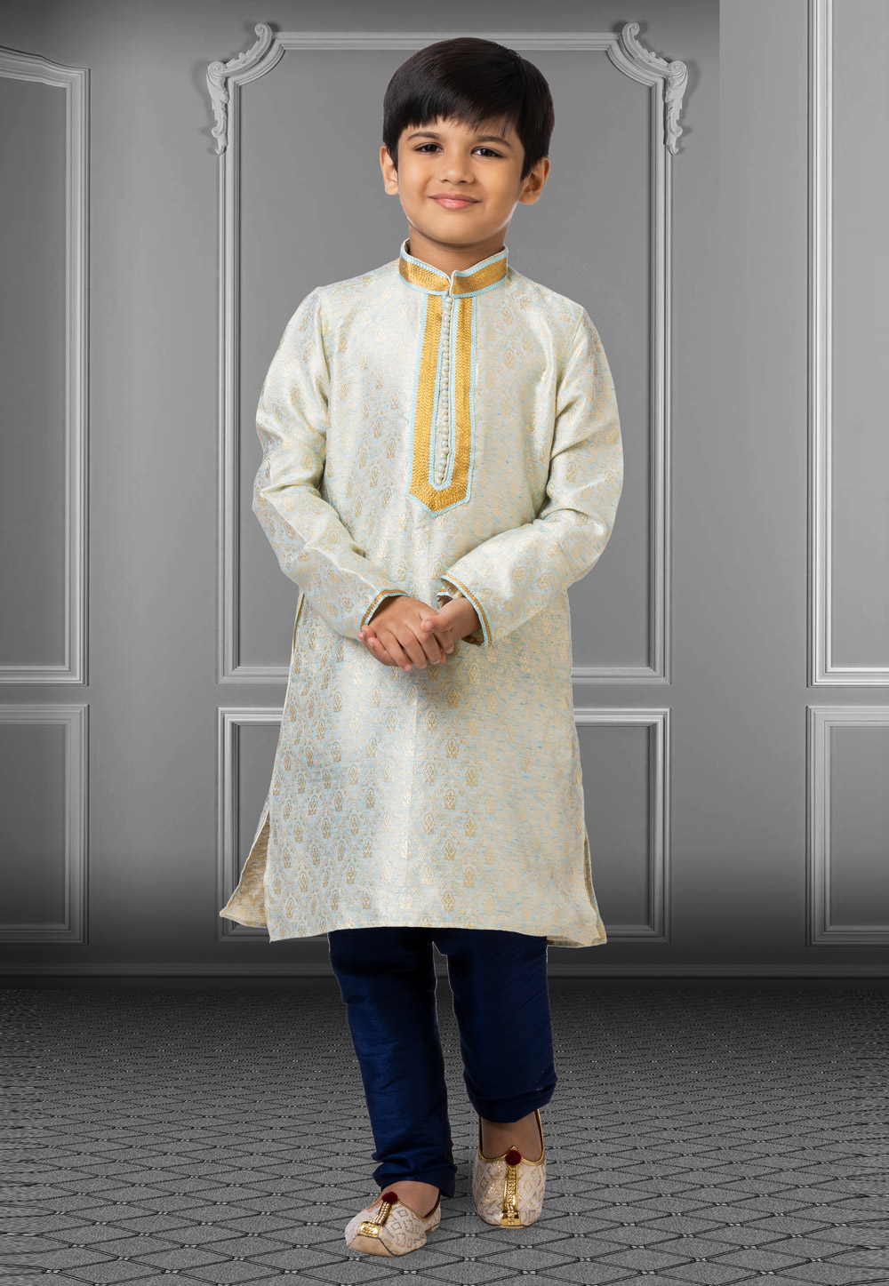 Sky Blue Linen Readymade Kids Kurta Pajama 250851