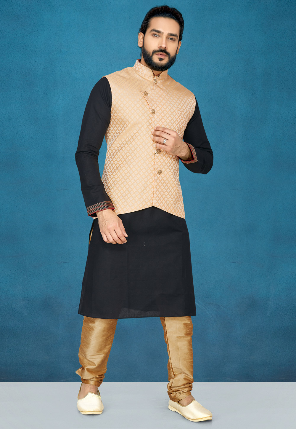 Black Raw Silk Readymade Kurta Pajama With Jacket 185396