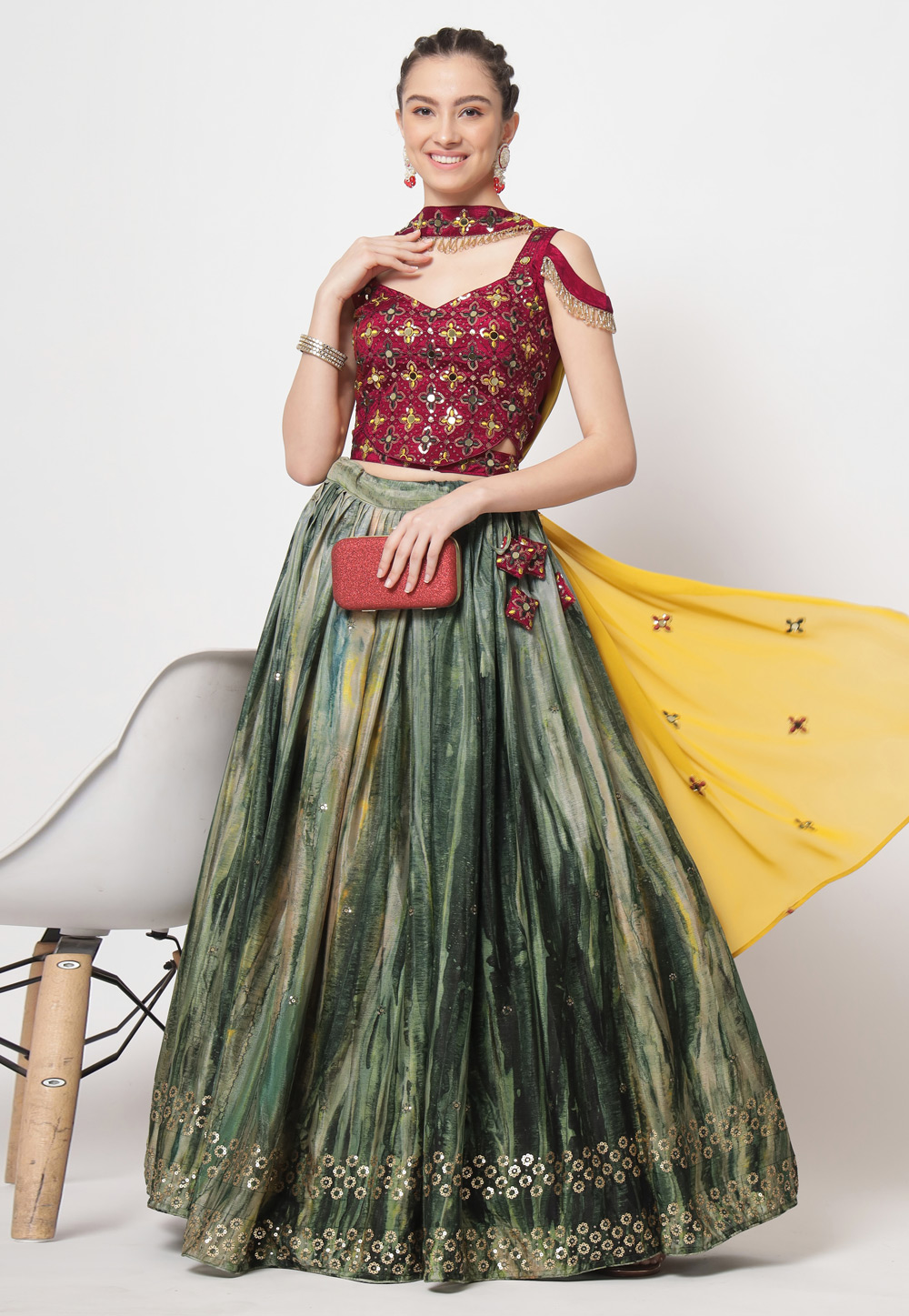 Green Chinon Silk Circular Lehenga Choli 266057